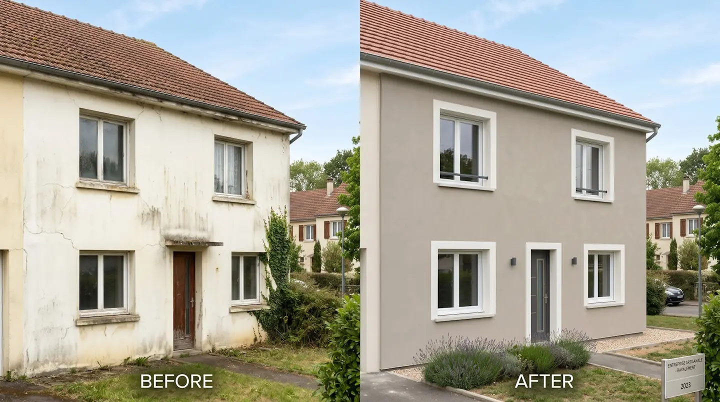 Comparaison avant-après d'une façade de maison en Île-de-France : à gauche crépi ancien fissuré et jauni, à droite enduit neuf beige-gris après isolation thermique par l'extérieur