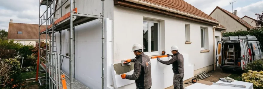 Deux artisans RGE en tenue professionnelle installant des panneaux d'isolation en polystyrène expansé sur la façade d'un pavillon en Île-de-France, échafaudage métallique et outils de pose visibles sur le chantier ITE