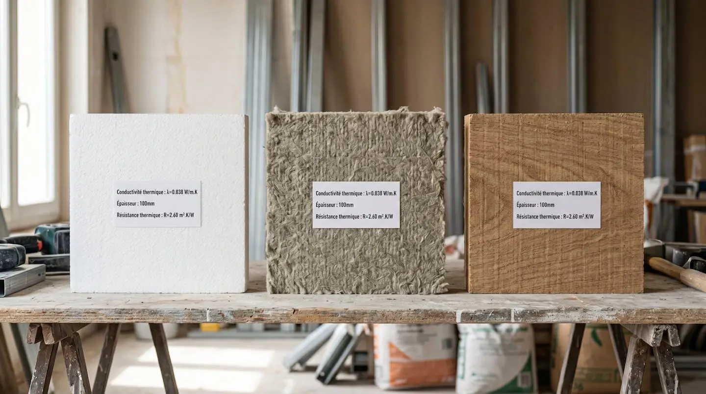 Gros plan sur trois échantillons de matériaux isolants pour ITE disposés côte à côte sur chantier : polystyrène expansé blanc, laine de roche grise fibreuse et panneau de fibres de bois naturel avec étiquettes techniques