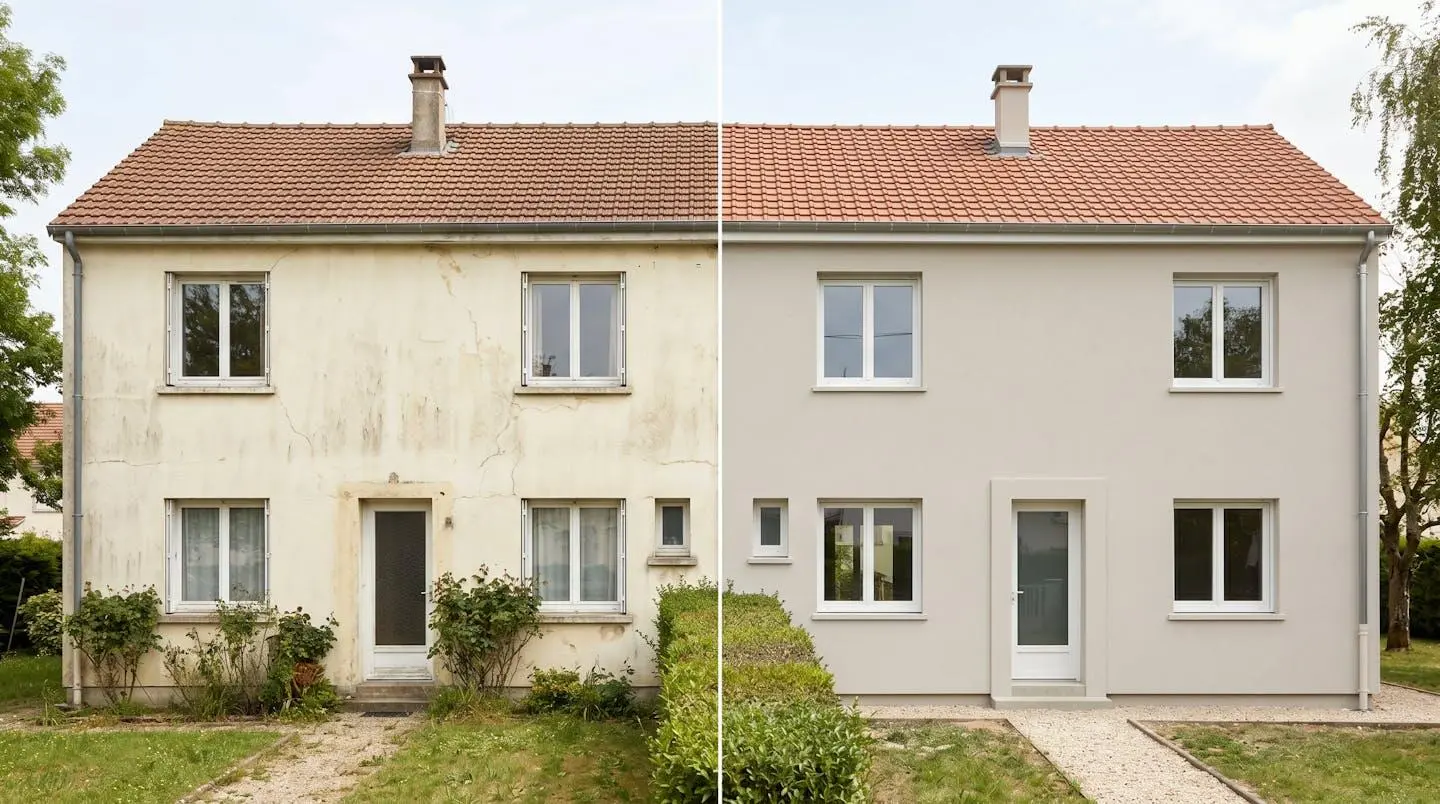Comparaison avant-après d'une façade de maison en Île-de-France : à gauche crépi ancien fissuré et jauni, à droite enduit neuf beige-gris après isolation thermique par l'extérieur