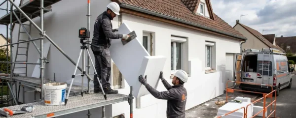 Deux artisans RGE en tenue professionnelle installant des panneaux d'isolation en polystyrène expansé sur la façade d'un pavillon en Île-de-France, échafaudage métallique et outils de pose visibles sur le chantier ITE