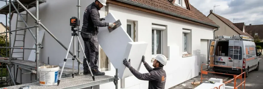 Deux artisans RGE en tenue professionnelle installant des panneaux d'isolation en polystyrène expansé sur la façade d'un pavillon en Île-de-France, échafaudage métallique et outils de pose visibles sur le chantier ITE