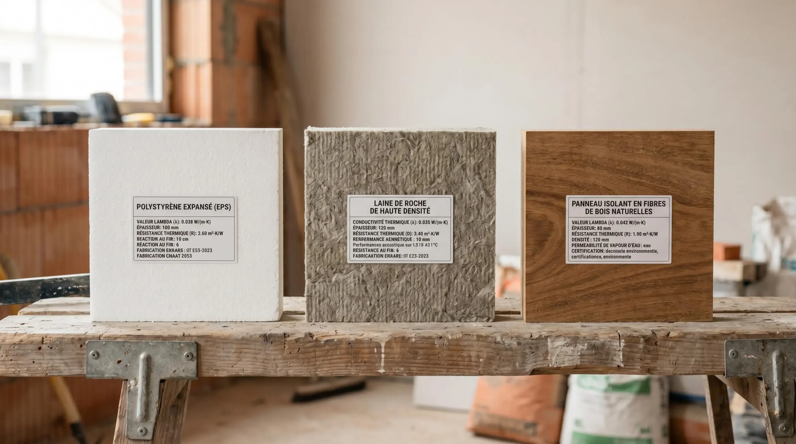 Gros plan sur trois échantillons de matériaux isolants pour ITE disposés côte à côte sur chantier : polystyrène expansé blanc, laine de roche grise fibreuse et panneau de fibres de bois naturel avec étiquettes techniques
