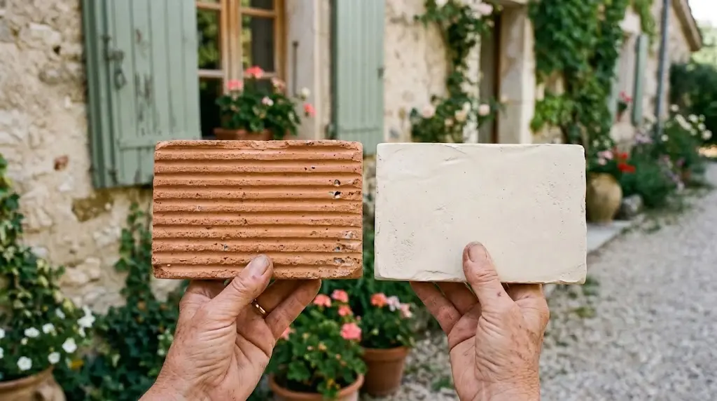 Des mains comparent deux échantillons d'enduit texturé devant une maison.