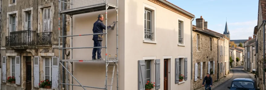 Un artisan applique un enduit de finition sur une façade isolée par l'extérieur.