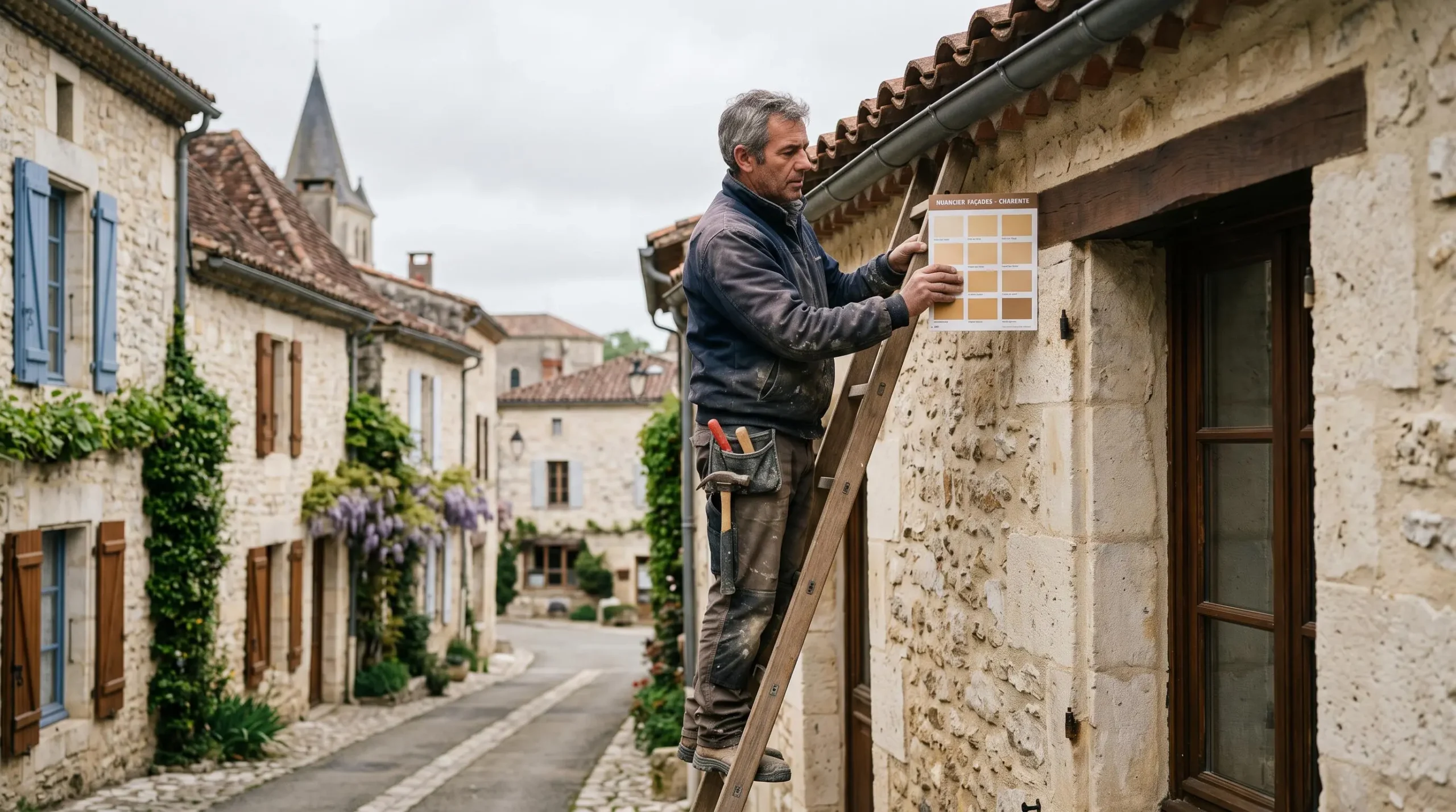 Un maçon compare un nuancier de coloris à la façade d'une maison en pierre.
